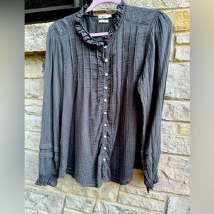 EUC - Faherty - Willa Organic Cotton Ruffled Pintucked Blouse - Faded Black - M